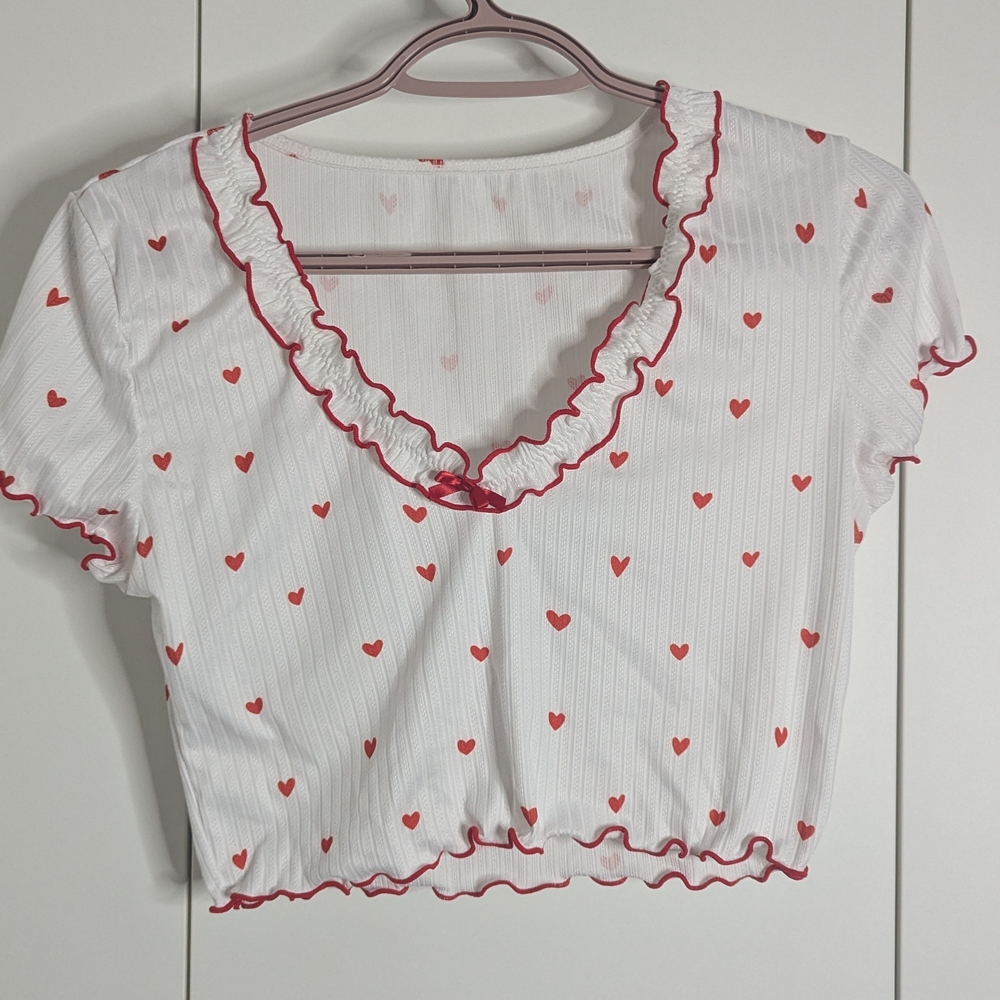 2 For $20 - White and Red Heart Print Ruffle Crop Top